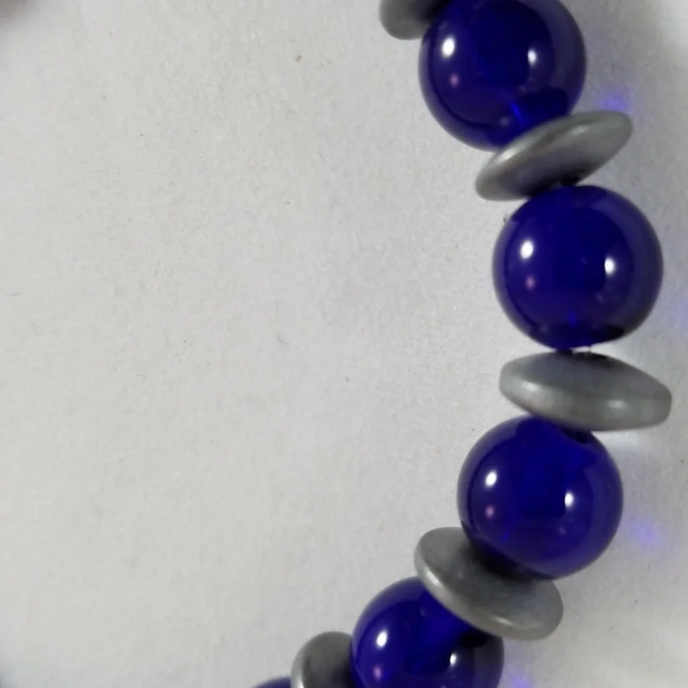 Hand Crafted Bracelet with Hematite Spacers Stretch Cobalt Blue Gray 7” Unisex